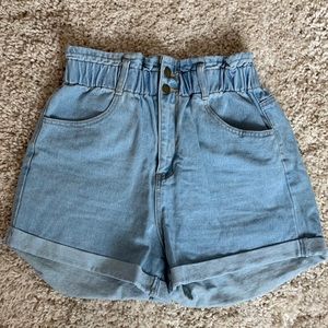 High waisted paper bag denim shorts